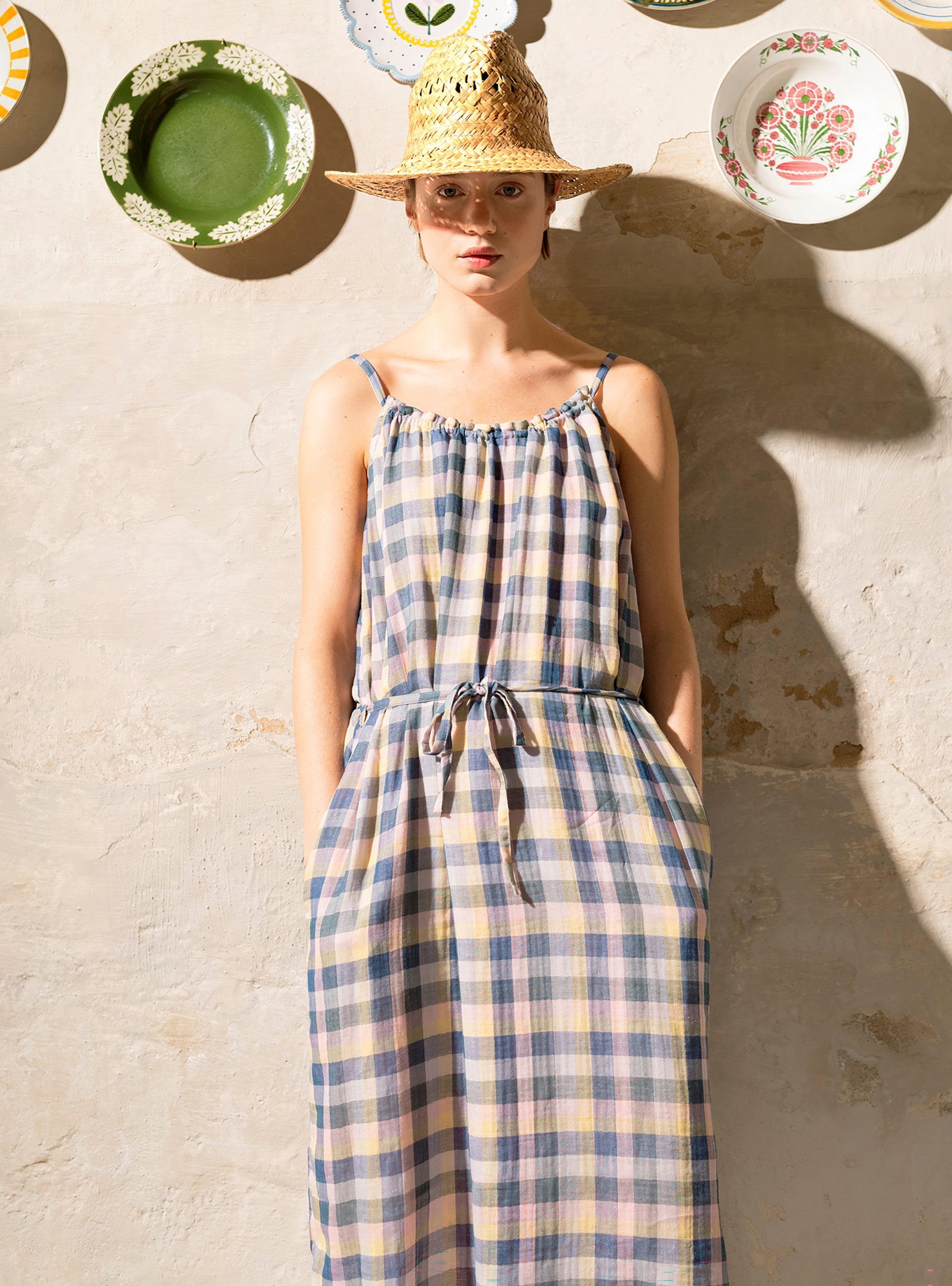 Robe droite à carreaux en coton acoté