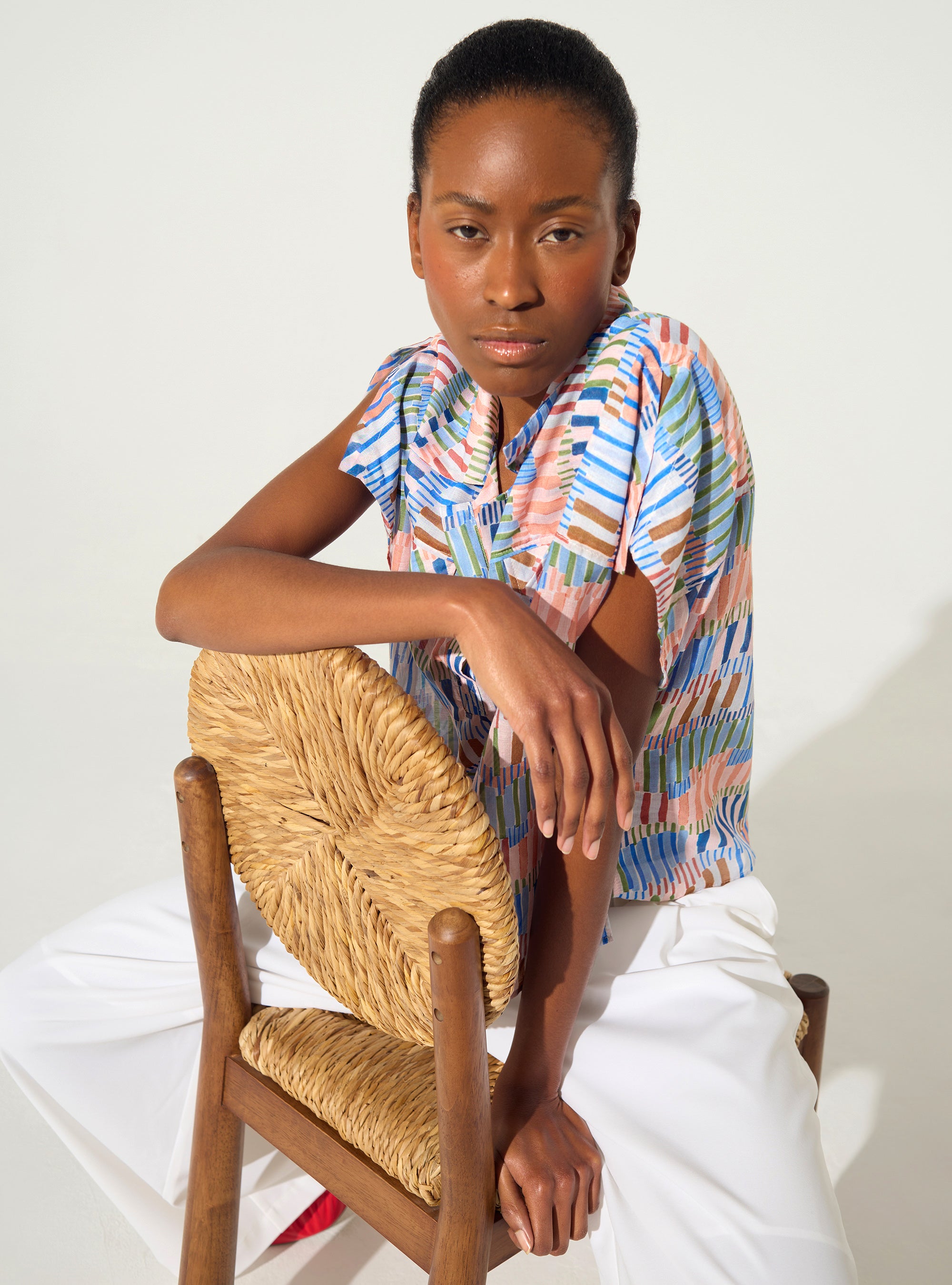 Blouse ample imprimée en coton et soie bleu