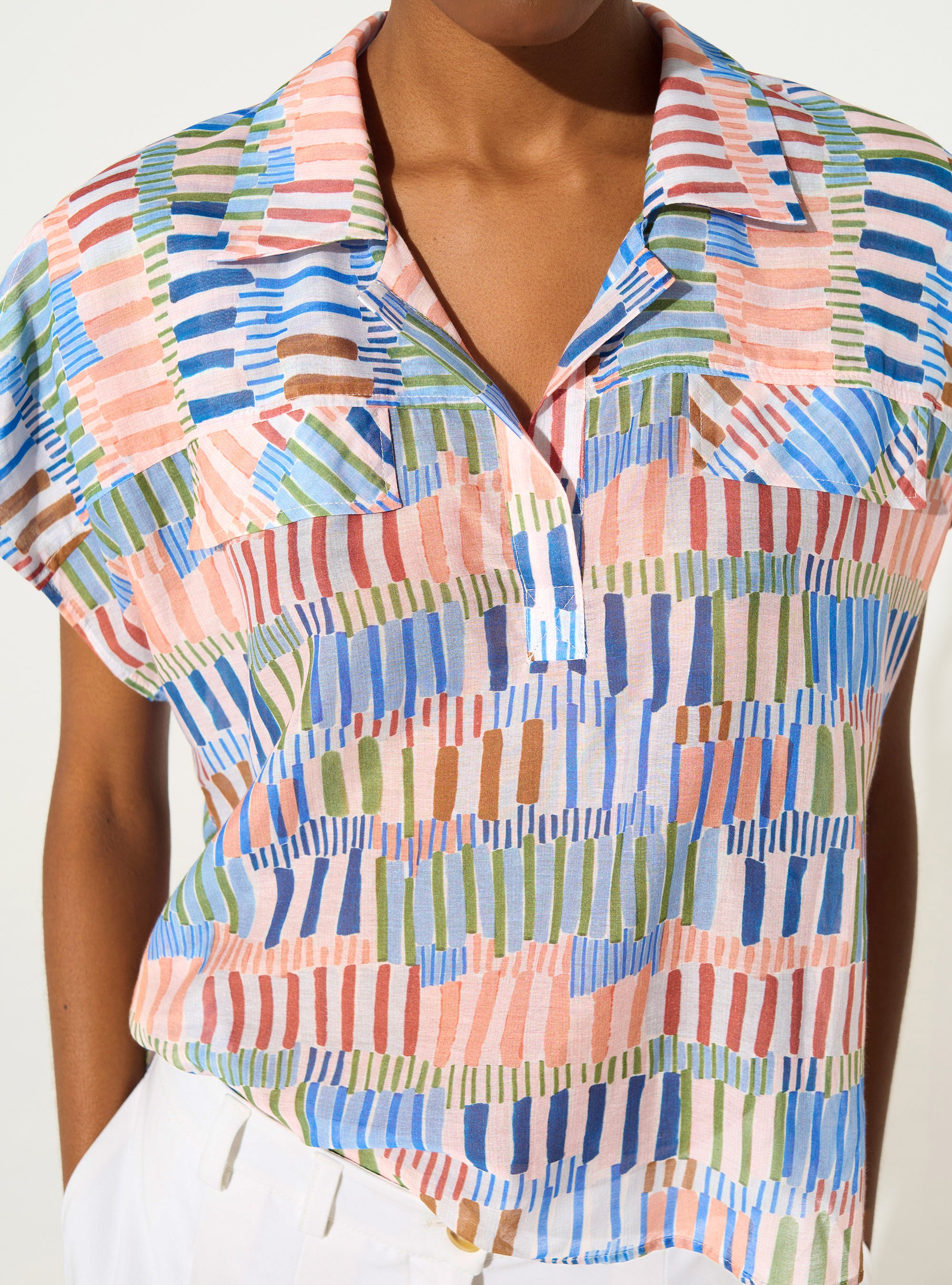 Blouse ample imprimée en coton et soie bleu