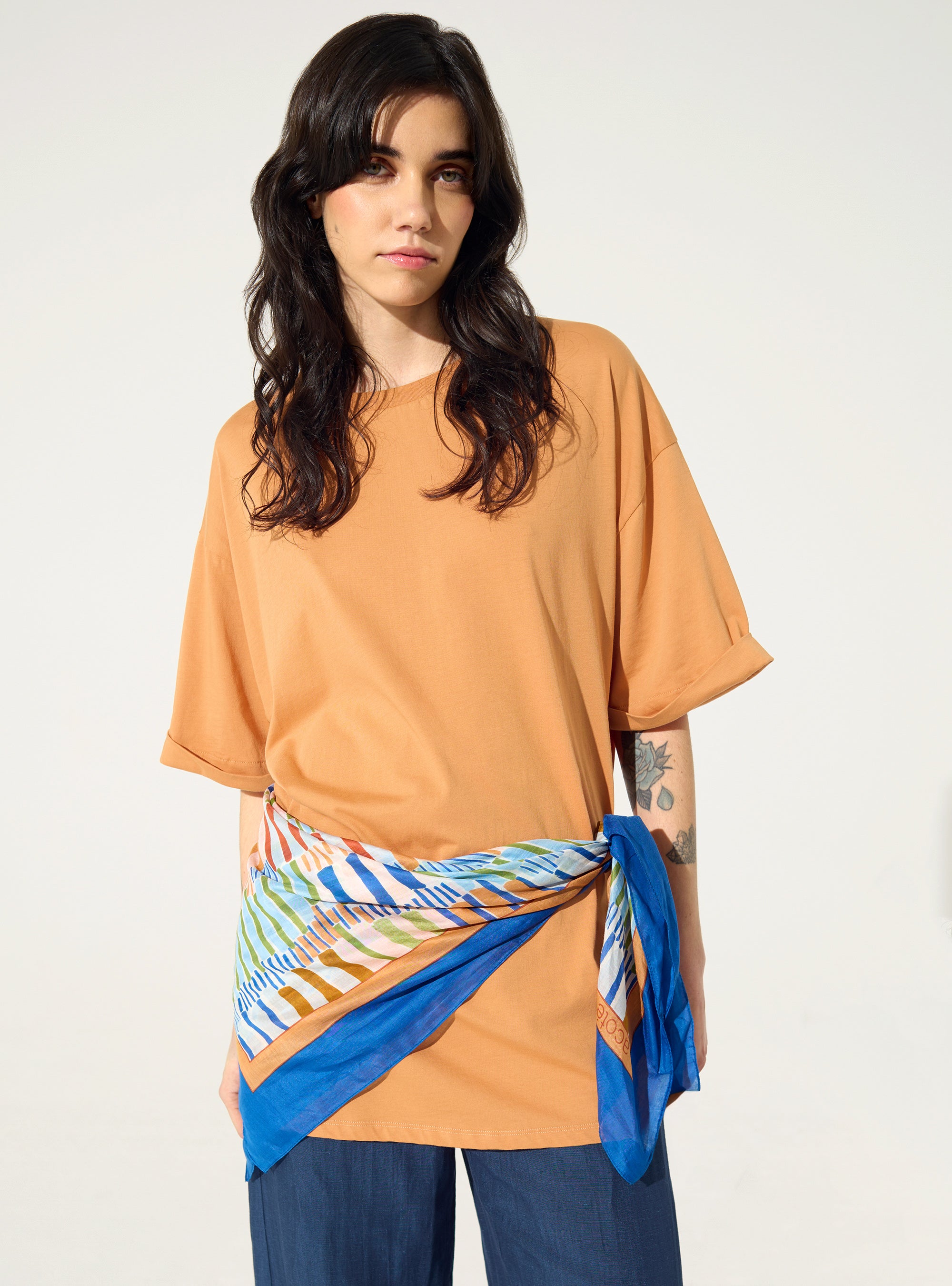 Echarpe imprimée en coton et soie bleu