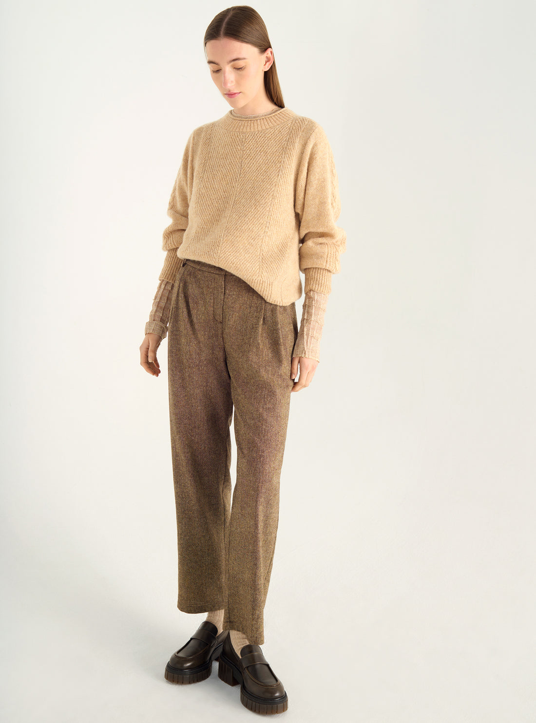 Jacquard wool sweater with worked sleeves – Straight cut