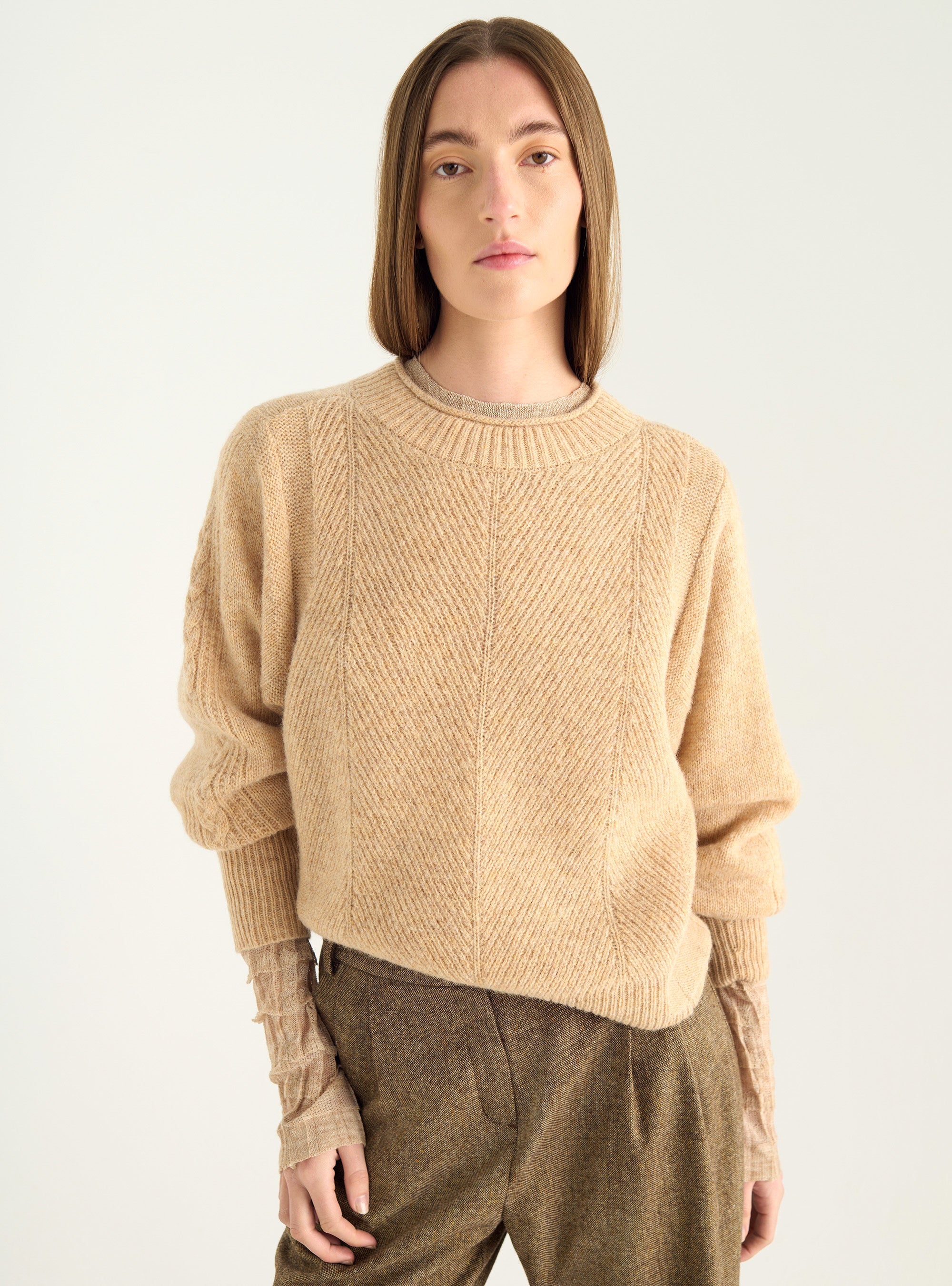 Jacquard wool sweater with worked sleeves – Straight cut