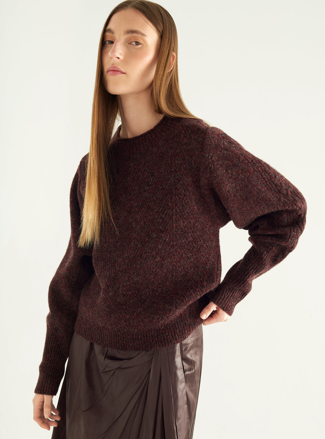 Jacquard wool sweater with worked sleeves – Straight cut