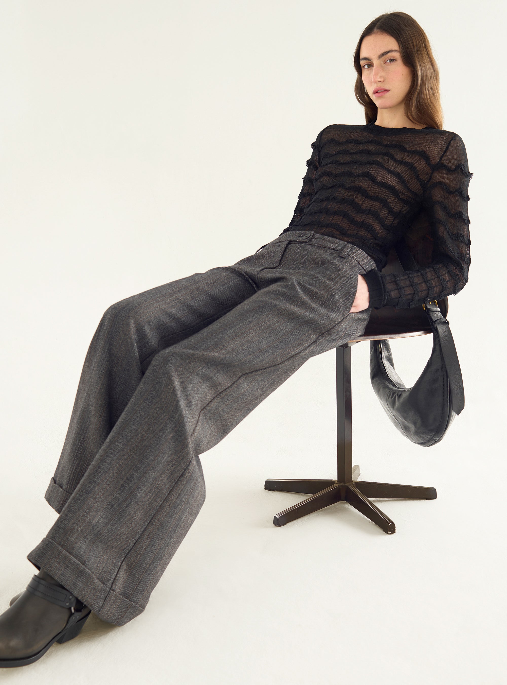 Textured tweed wide-leg pants