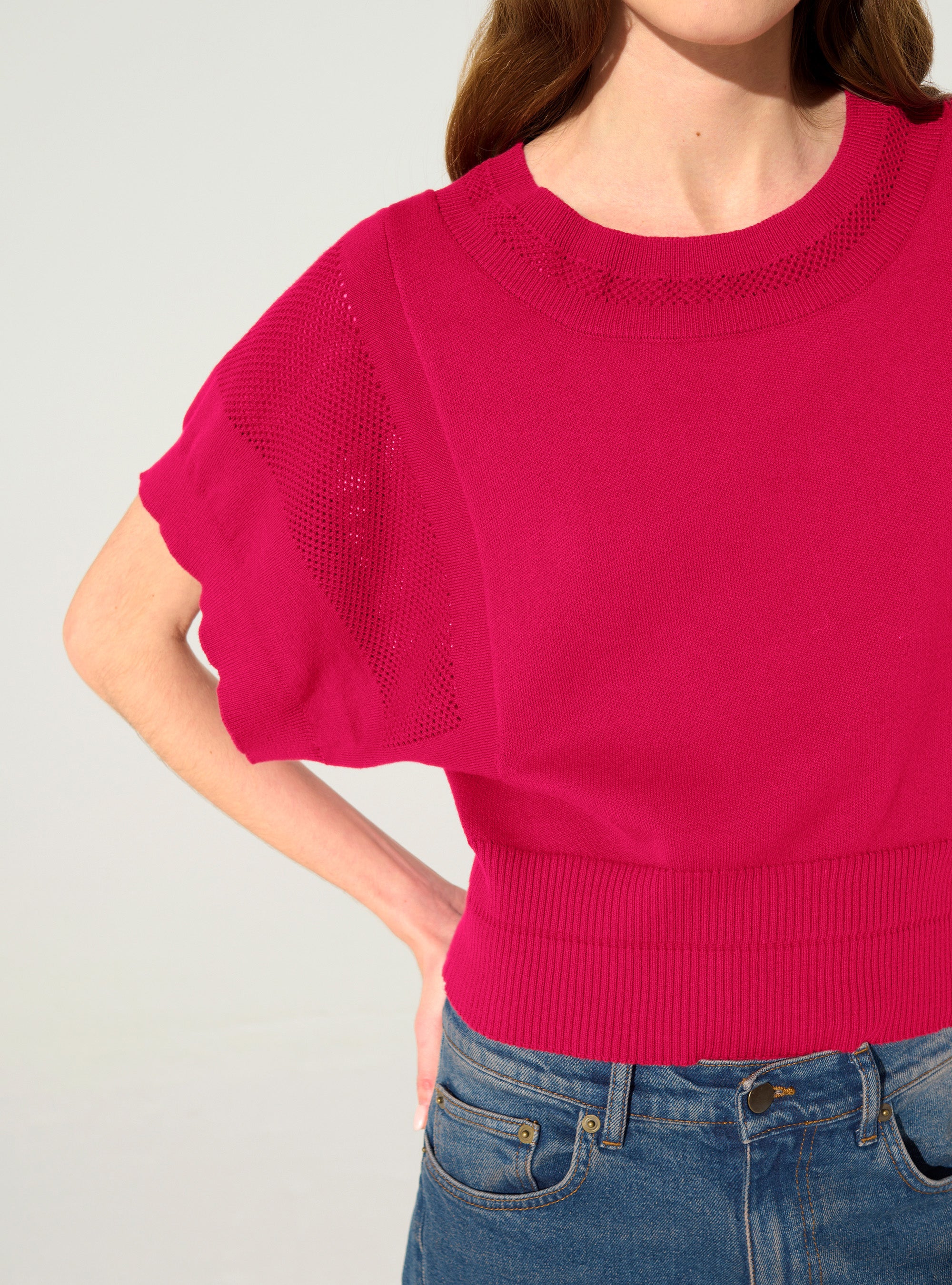 Roter, kurzärmeliger Pullover aus Baumwolle und Kaschmir
