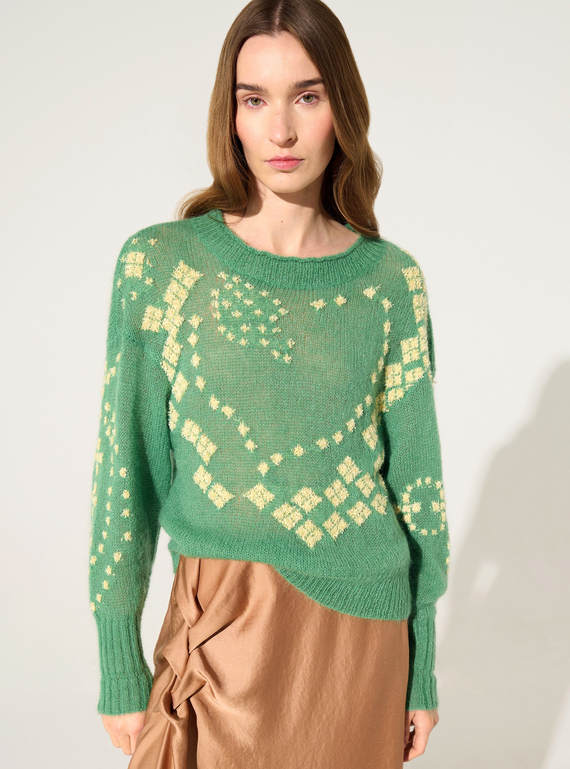 Grüner Pullover aus Wolle und Mohair mit Print