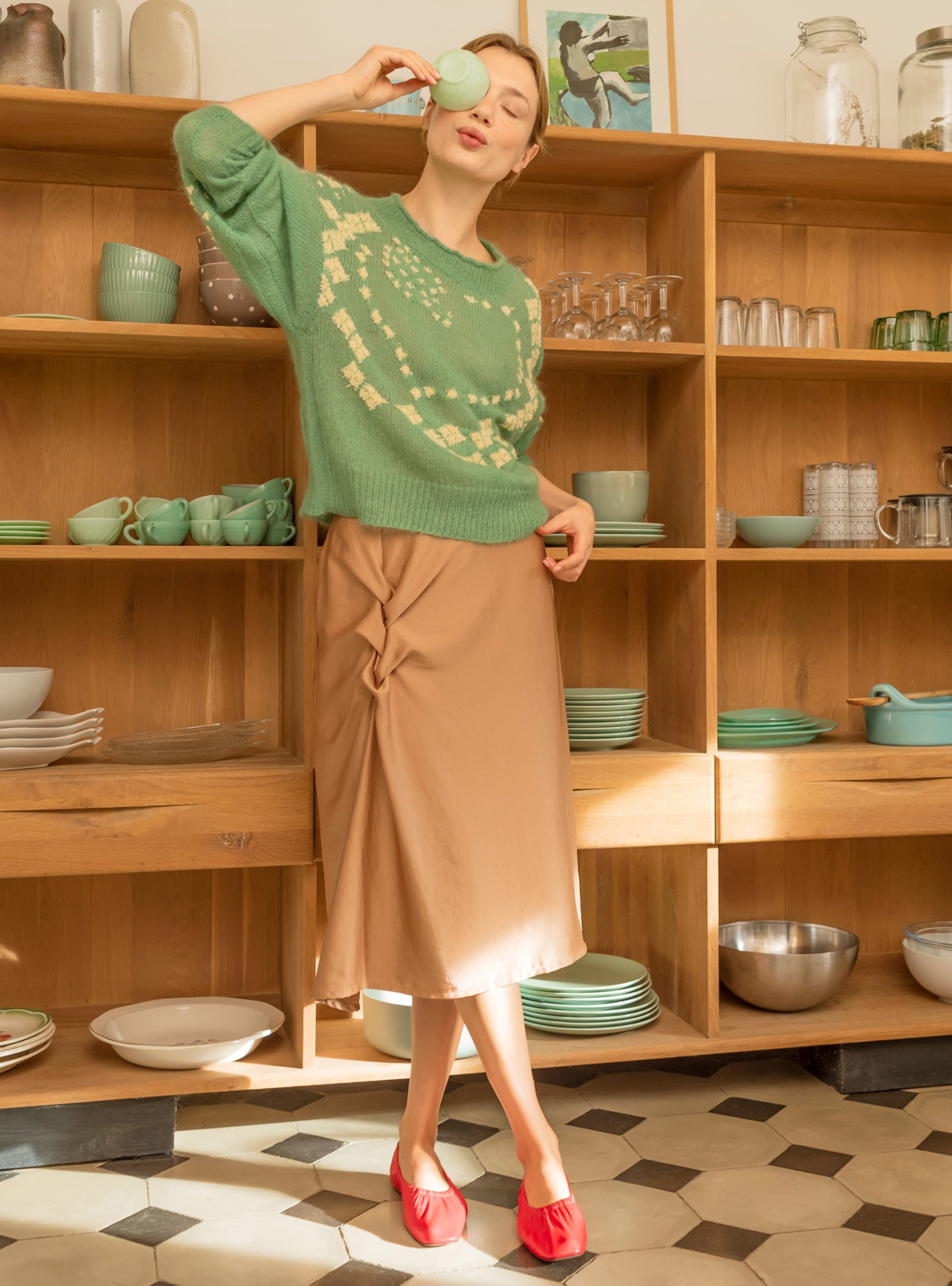 Pull en relief, laine et mohair vert Cotélac