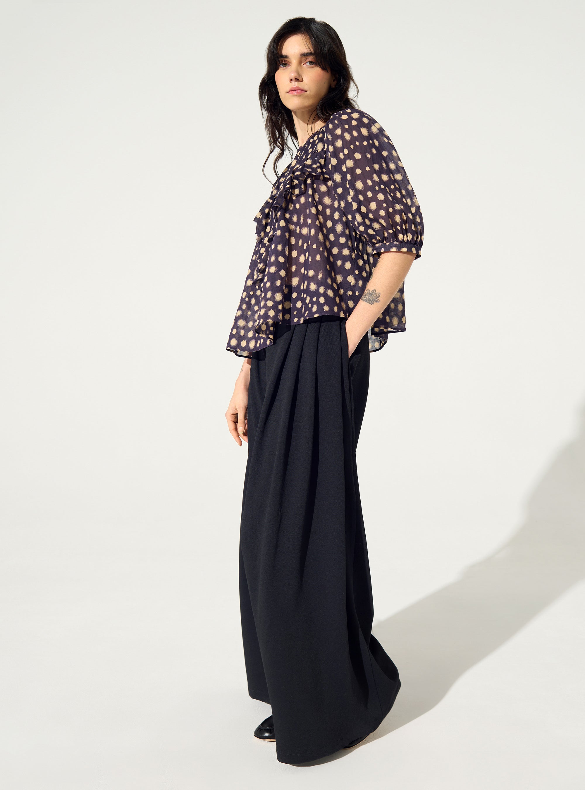 Oversize-Bluse aus lila Baumwolle mit Hausmuster