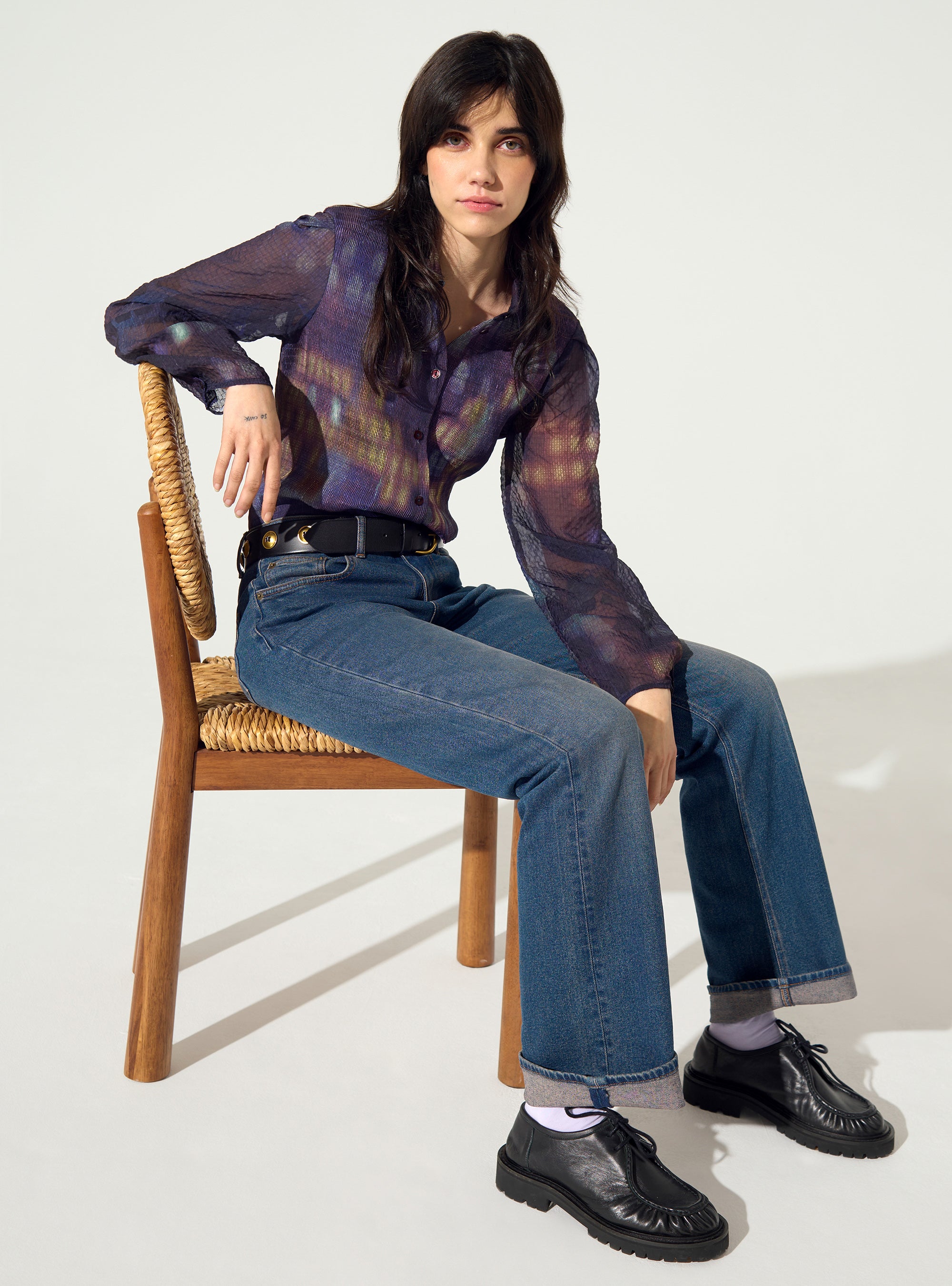 Chemise ajustée plissée imprimé maison violette