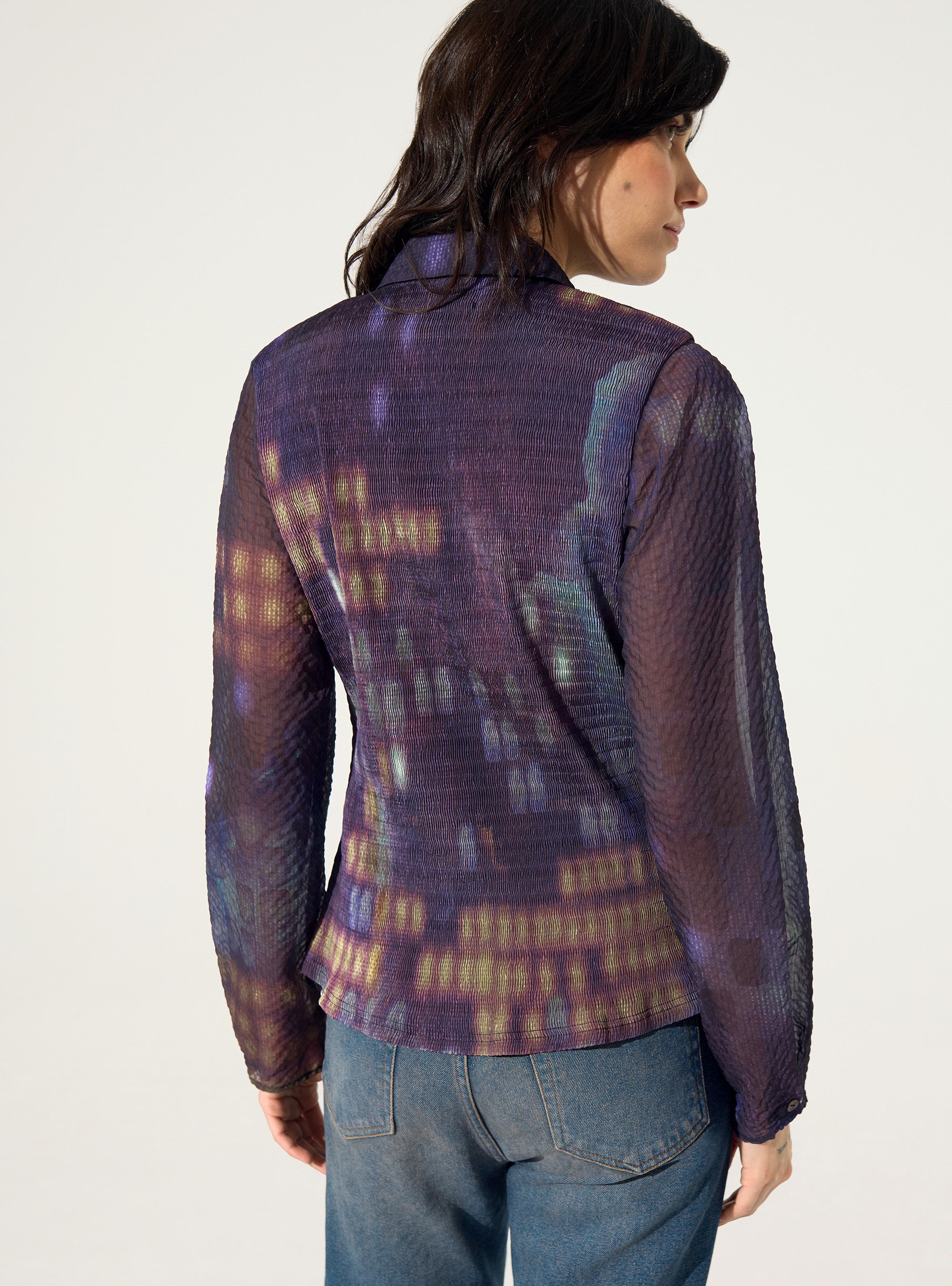 Purple house-print pleated fitted shirt