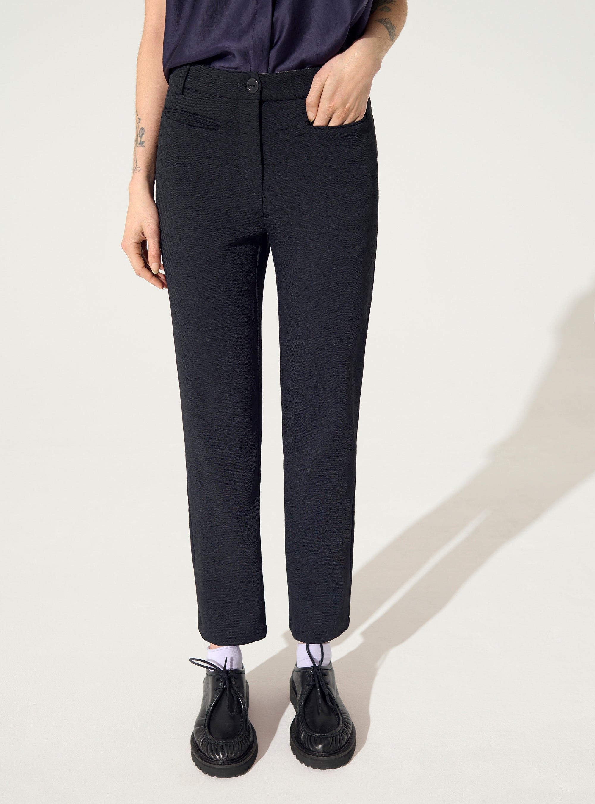 Black straight-leg trousers
