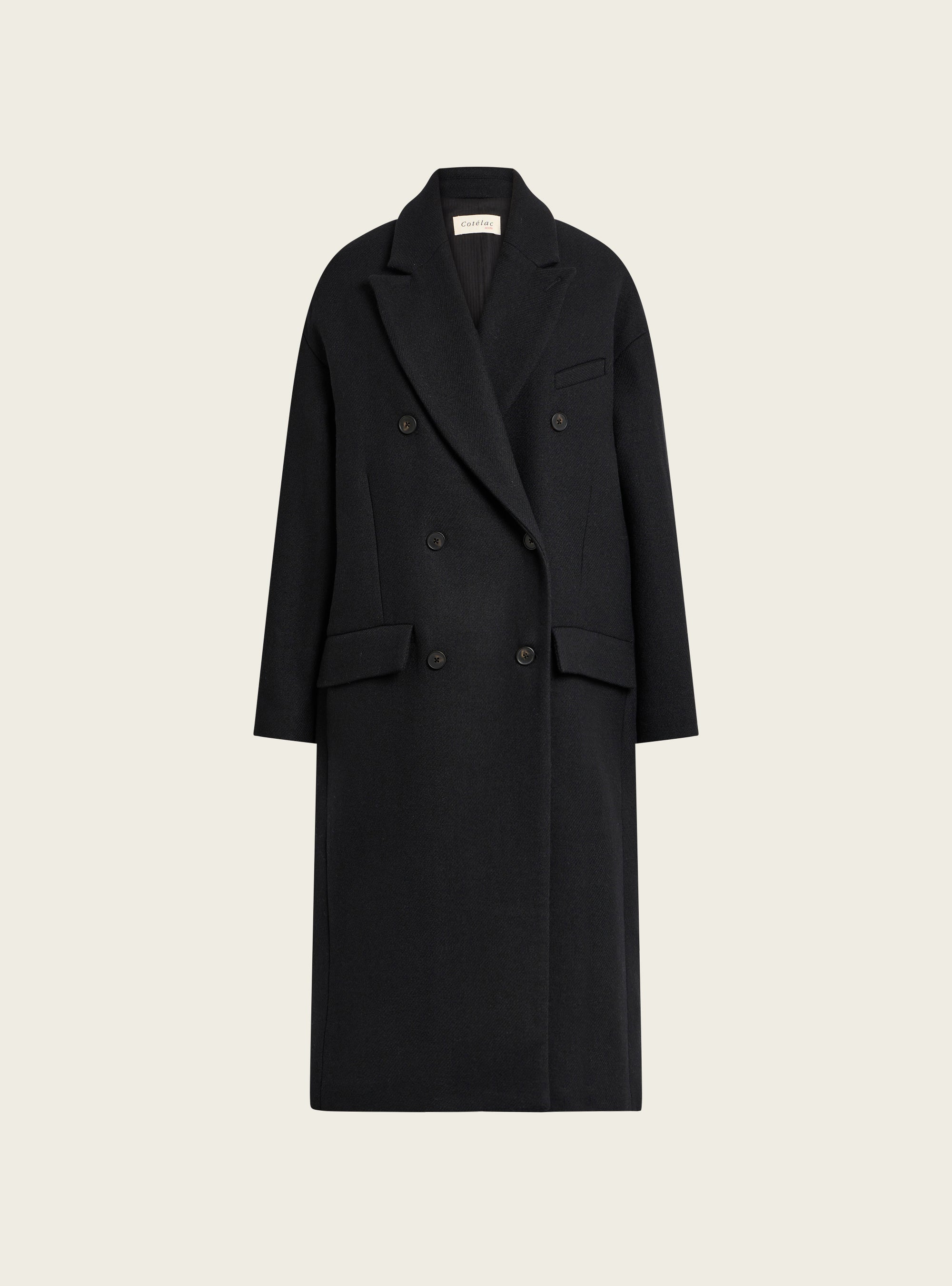 Manteau long croisé en drap de laine recyclée acoté 