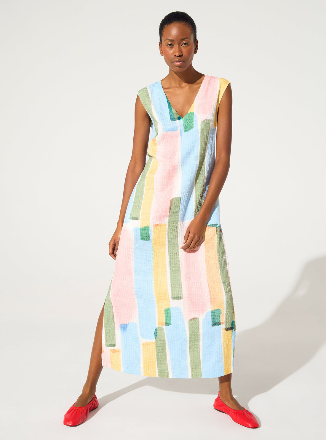 fitted dress with yellow striped print