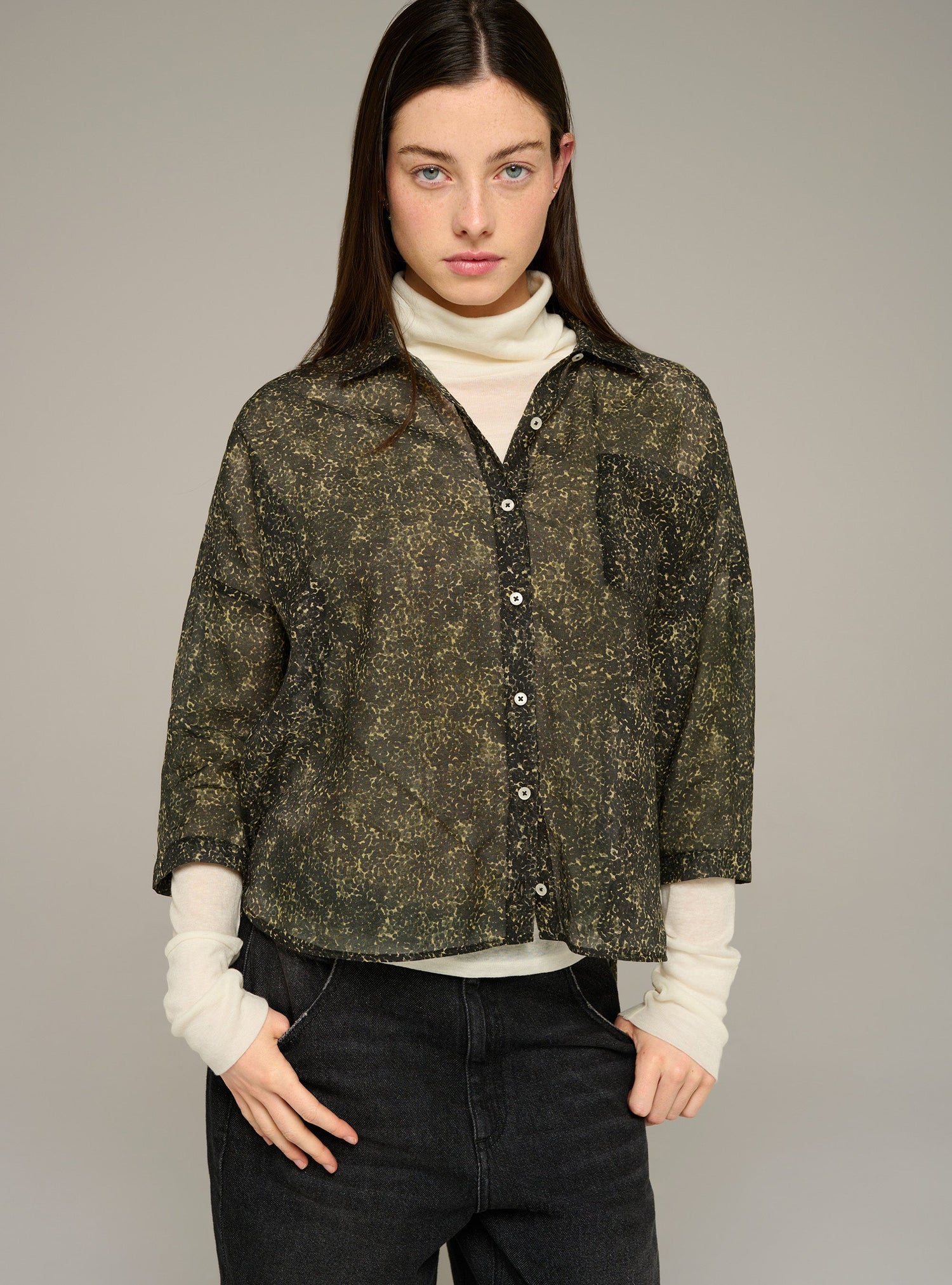 Cotélac acoté chemise manches longues imprimée en voile de coton et soie