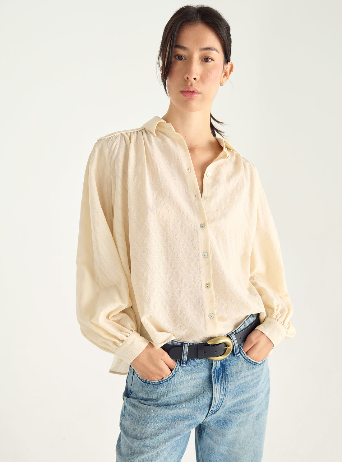 Jacquard cotton shirt with V-neck