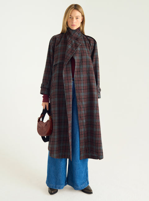 Wool & cotton checked trench coat