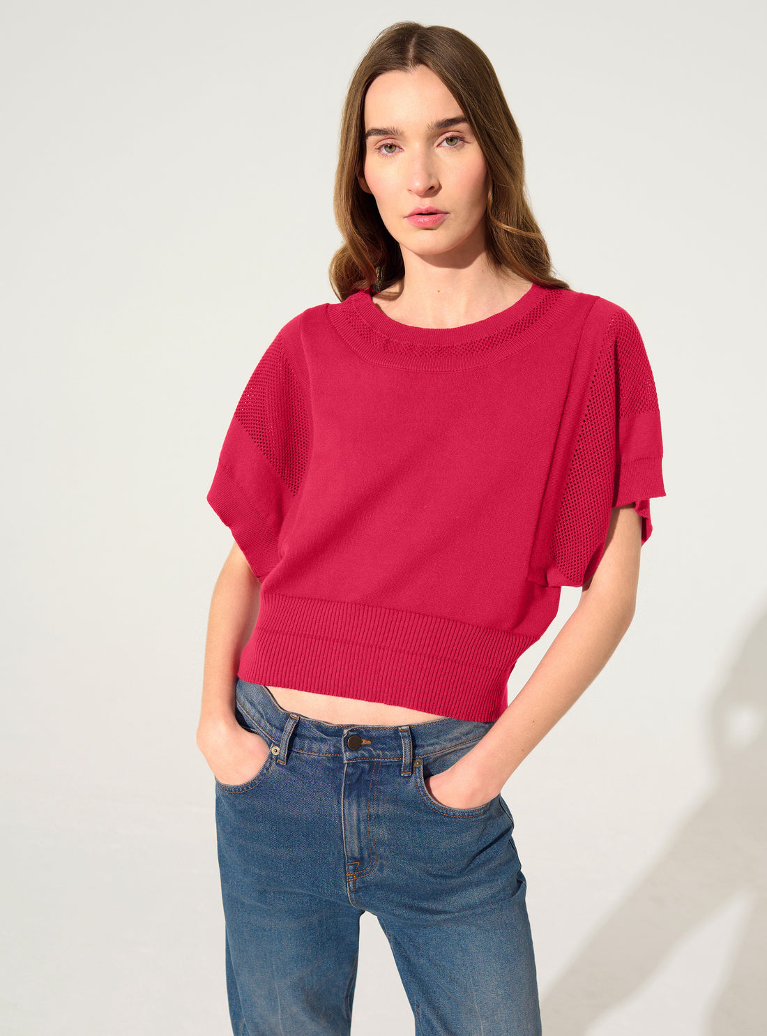 Pull manches courtes en coton et cachemire rouge