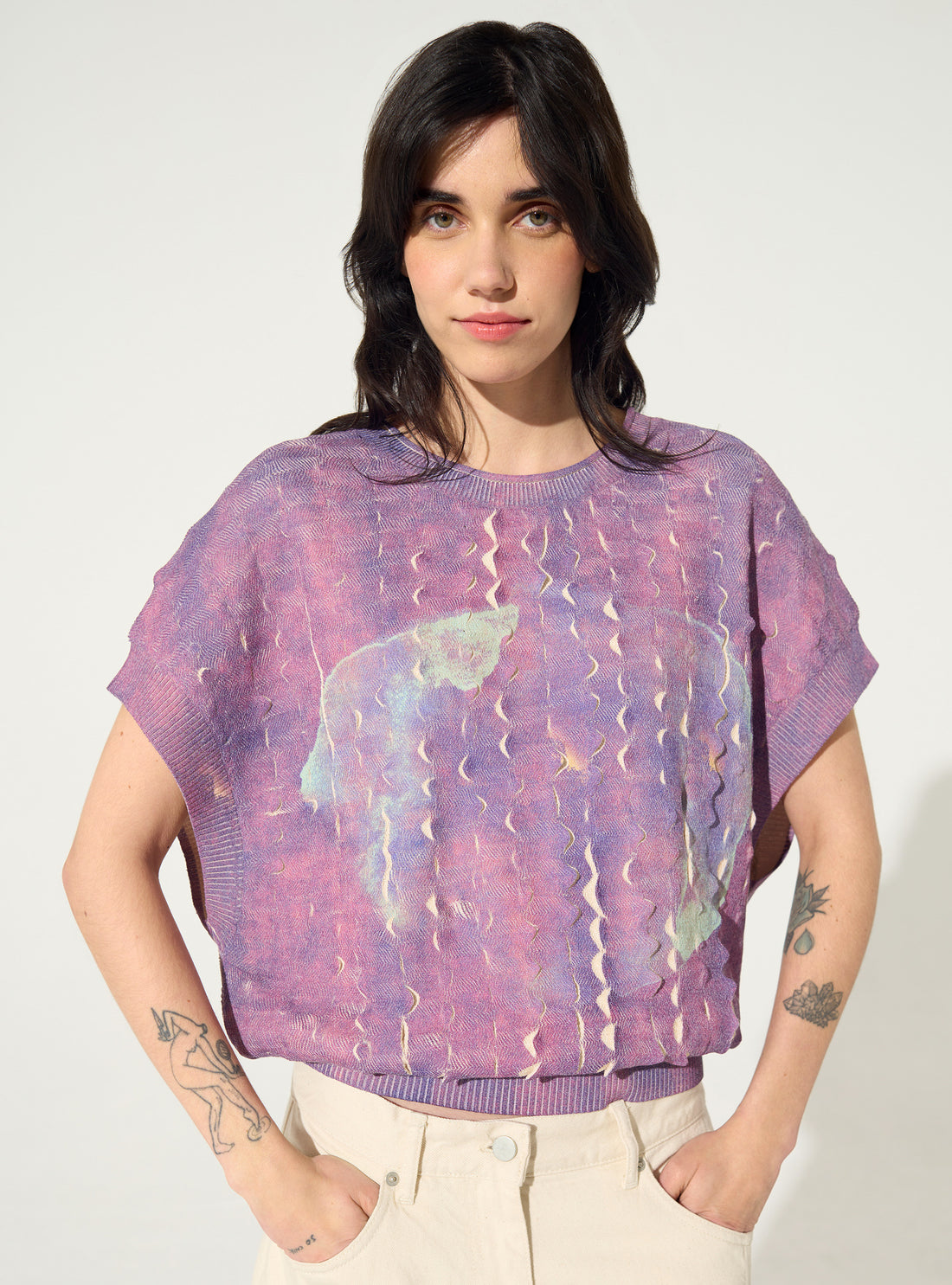 Pleated and sublimated purple round neck sweater