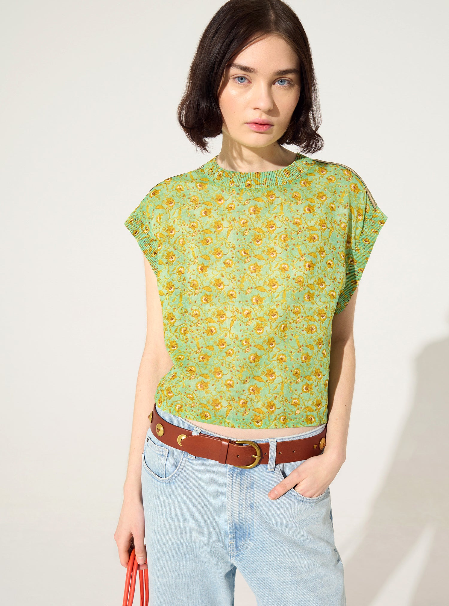 Fitted pleated printed blouse in green cotton