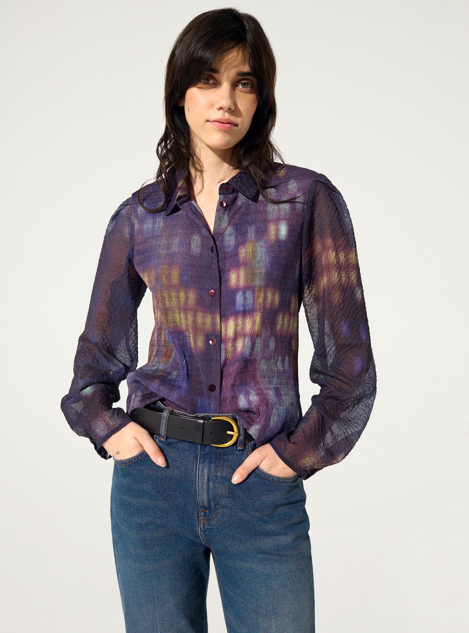 Purple house-print pleated fitted shirt