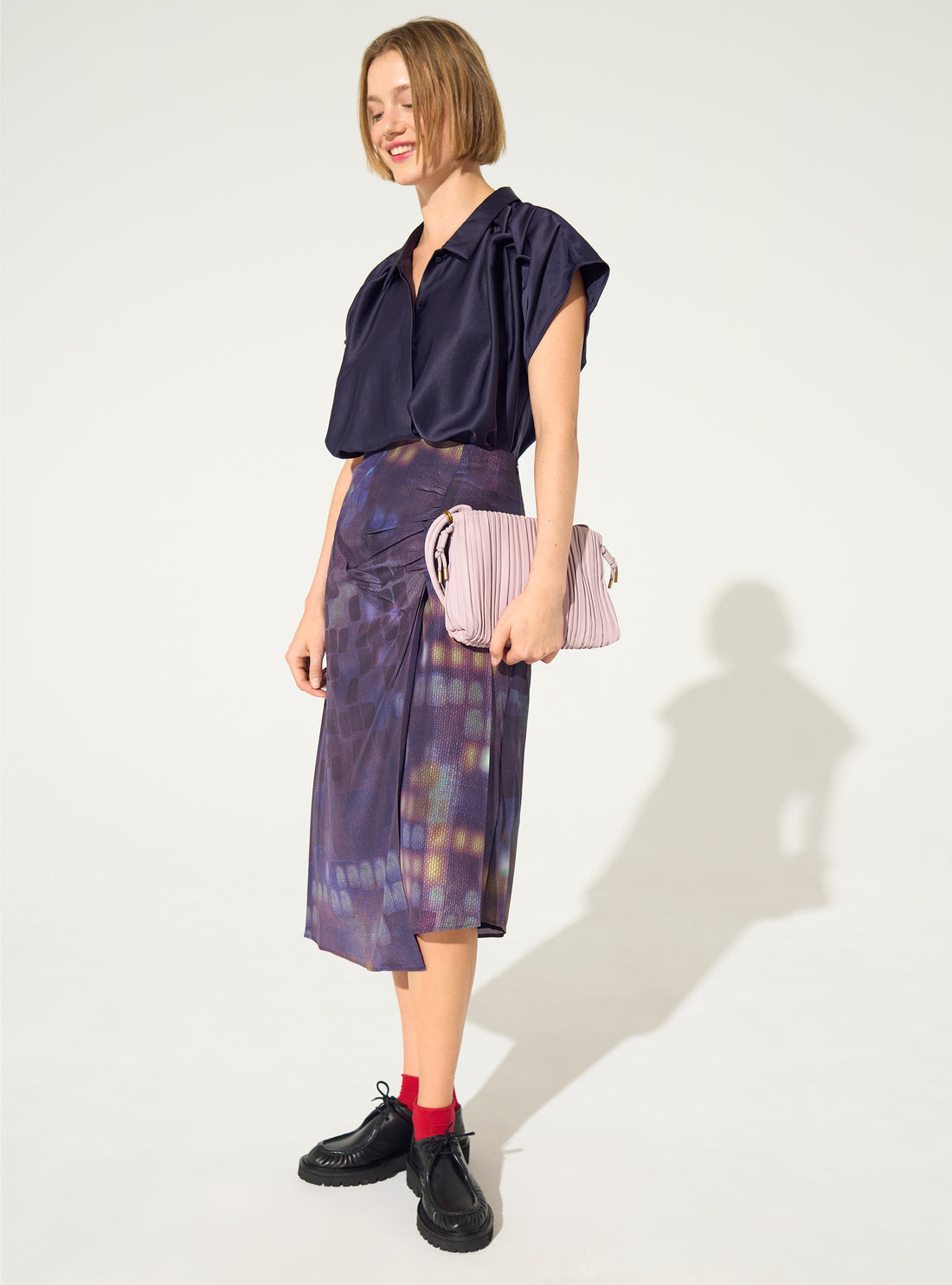 Purple printed pleated midi skirt