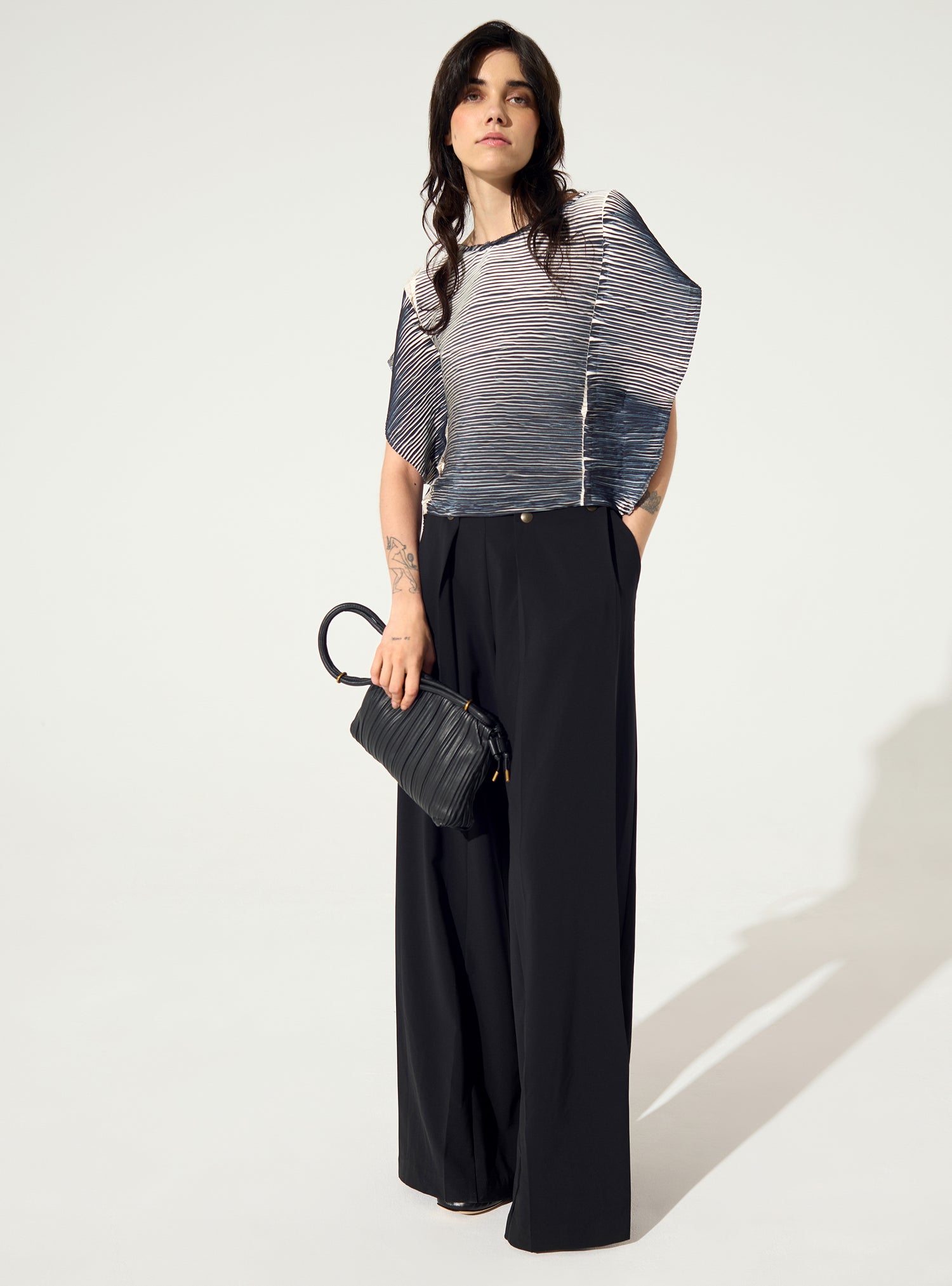 Black pleated straight blouse