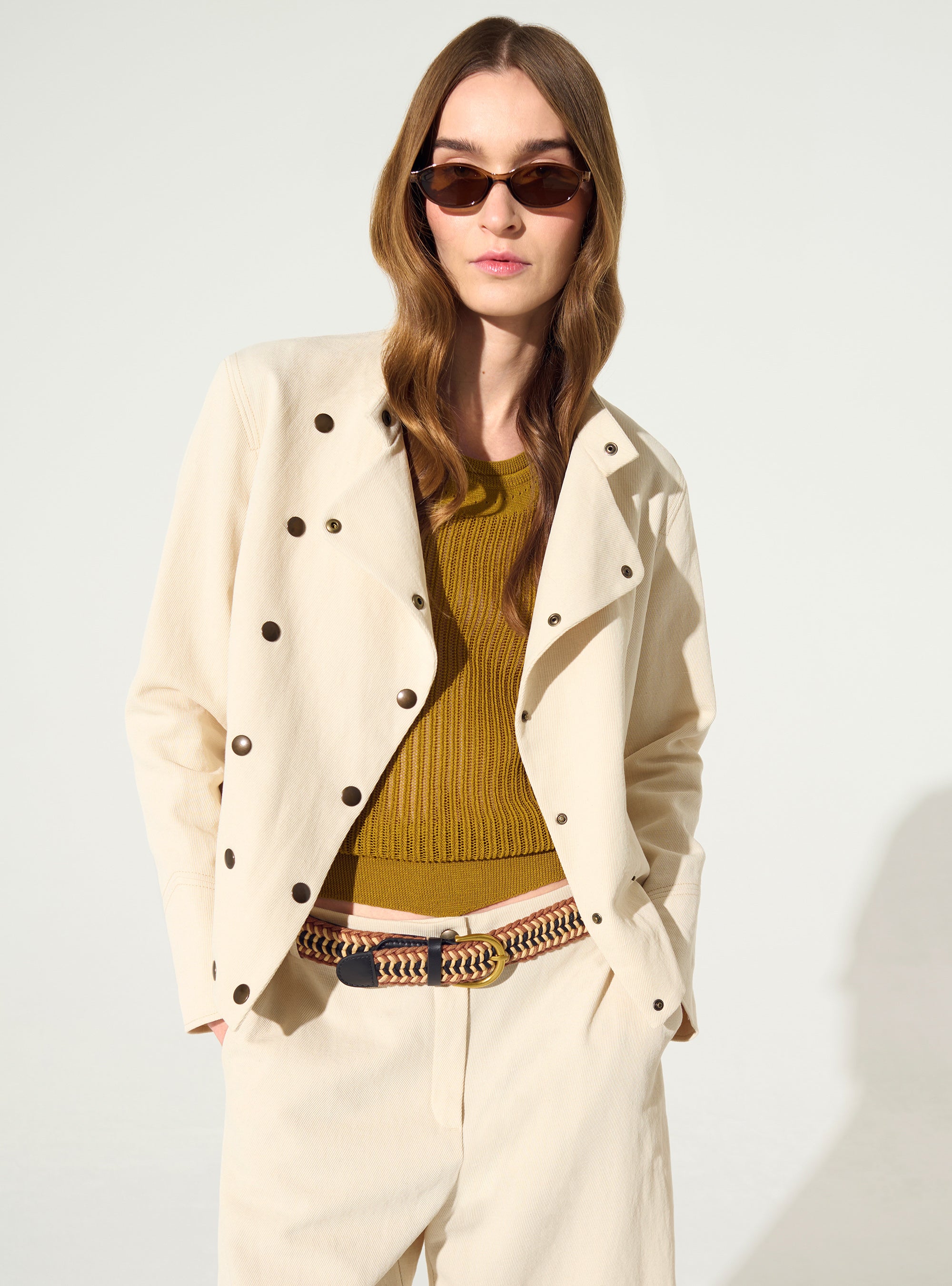 Veste ajustée imprimée en coton et lin blanc