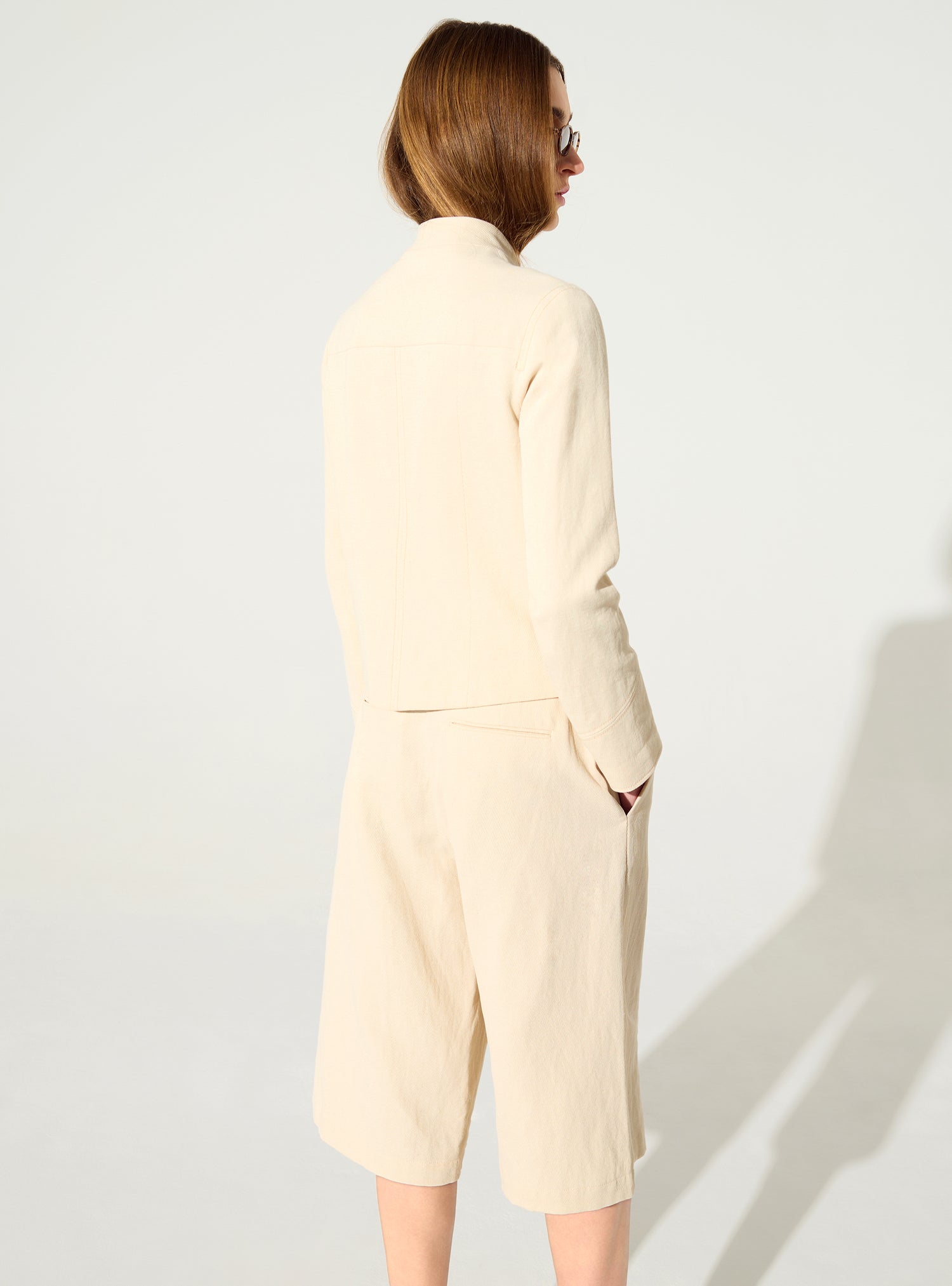 Veste ajustée imprimée en coton et lin blanc