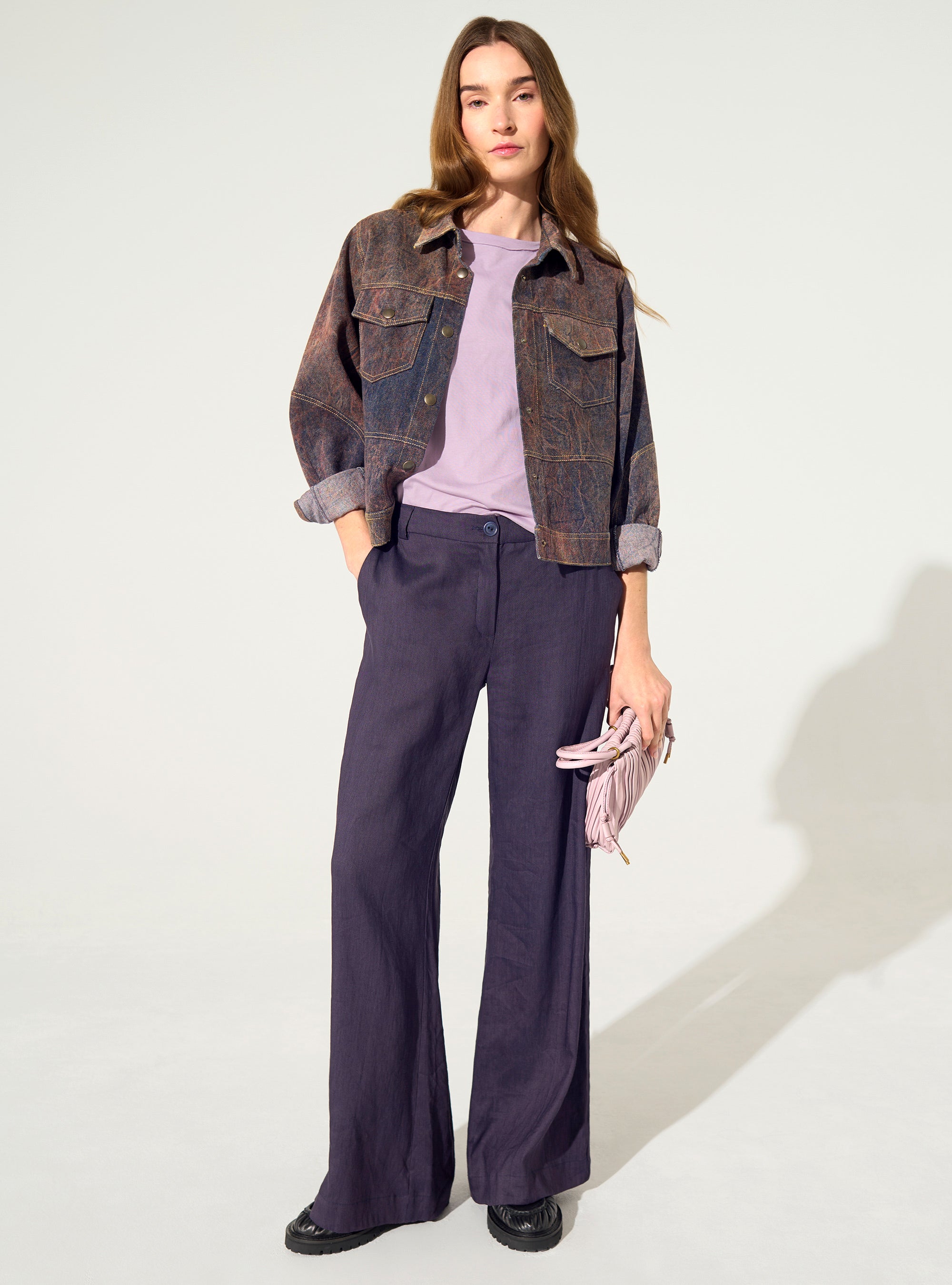 Purple linen print trousers