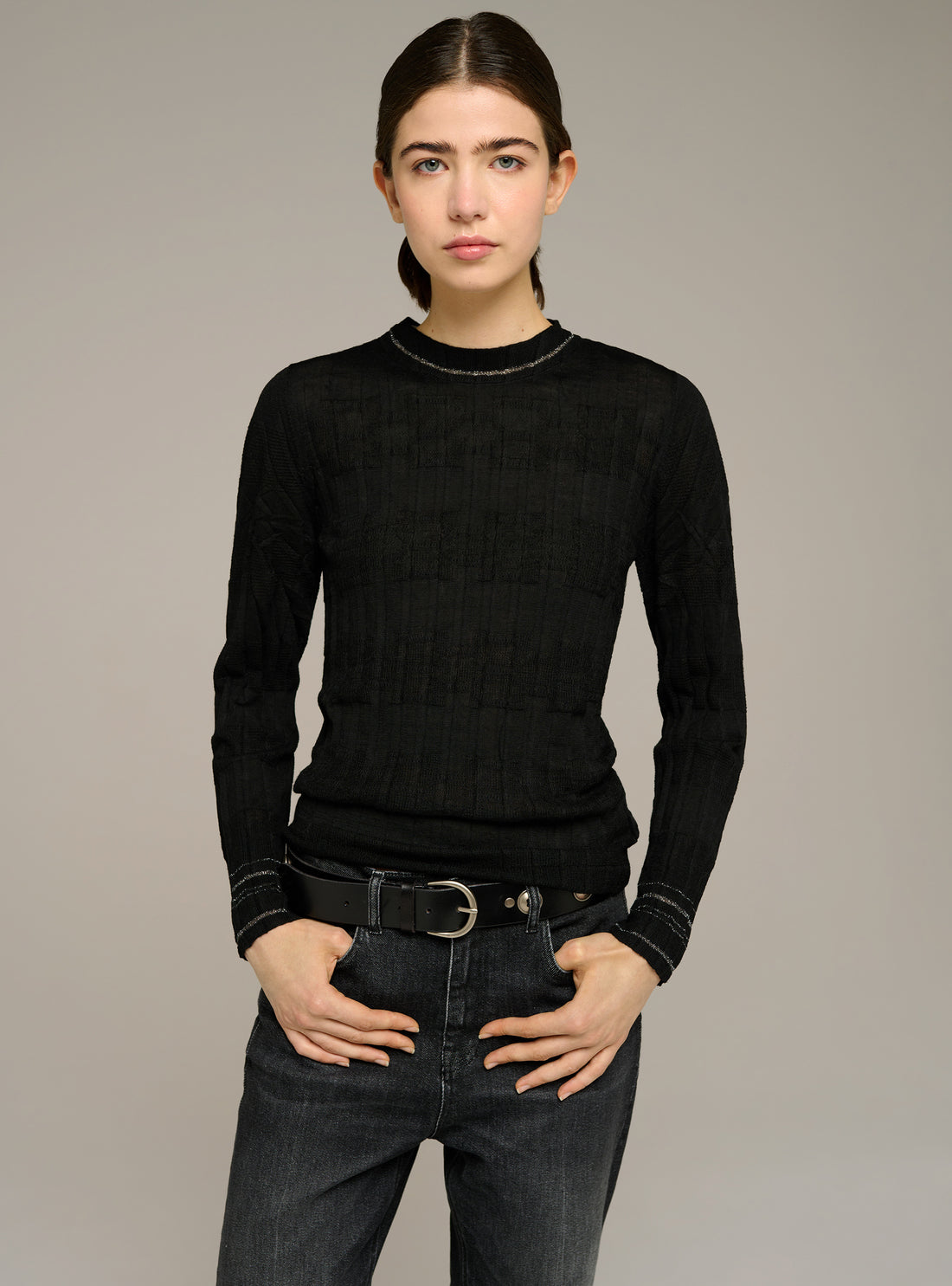Pull plissé col rond ajusté manches longues