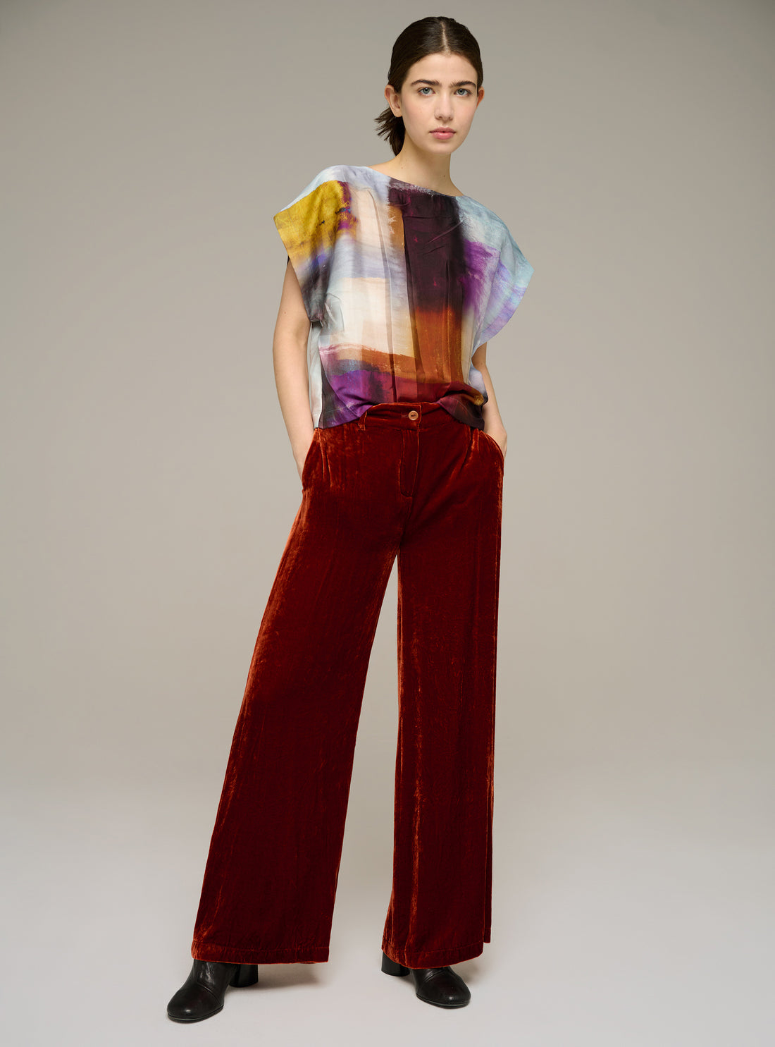 Pantalon large en velours de viscose et soie